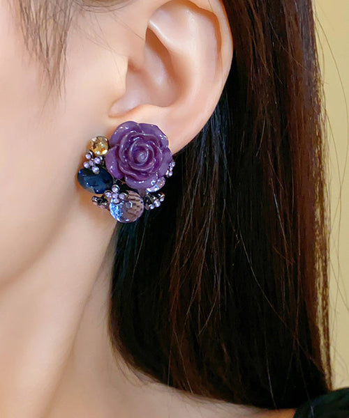 Boho Purple Alloy Zircon Resin Floral Glass Stud Earrings YZ012 ABC