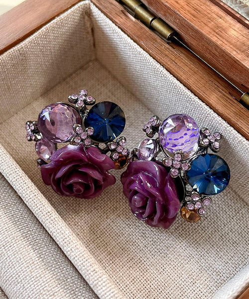 Boho Purple Alloy Zircon Resin Floral Glass Stud Earrings YZ012 ABC
