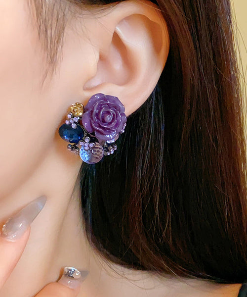 Boho Purple Alloy Zircon Resin Floral Glass Stud Earrings YZ012 ABC