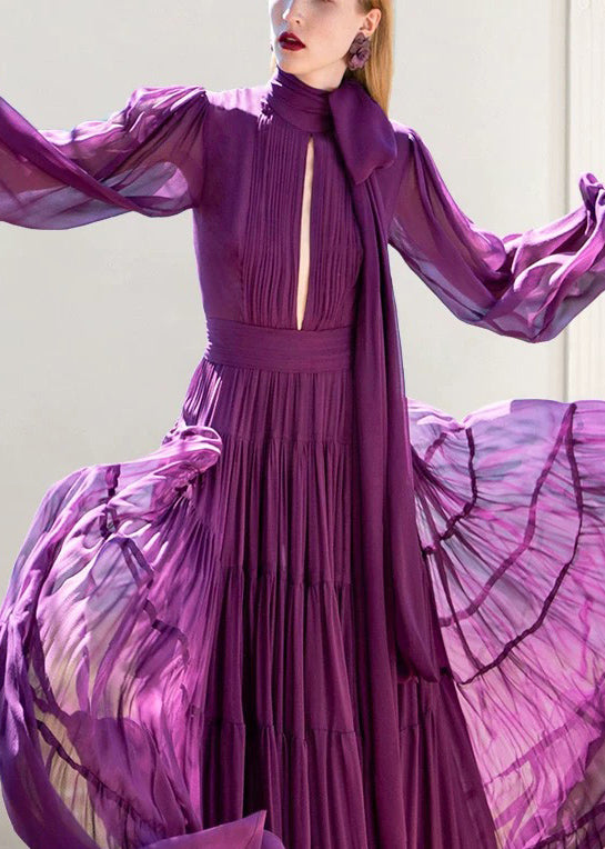 Boho Purple Bow Wrinkled Hollow Out Chiffon Ankle Dress Fall QR041 OM-ZS240929