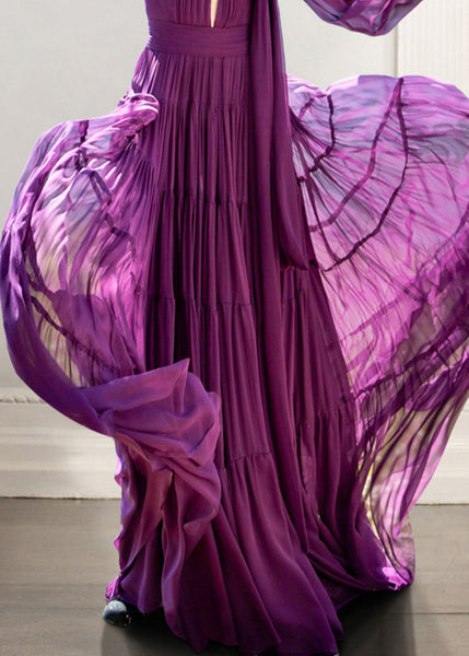 Boho Purple Bow Wrinkled Hollow Out Chiffon Ankle Dress Fall QR041 OM-ZS240929