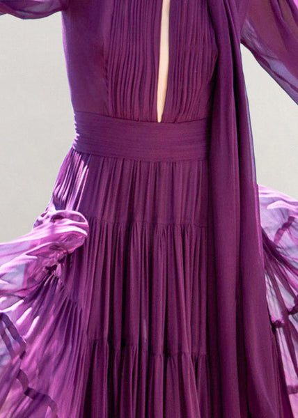 Boho Purple Bow Wrinkled Hollow Out Chiffon Ankle Dress Fall QR041 OM-ZS240929