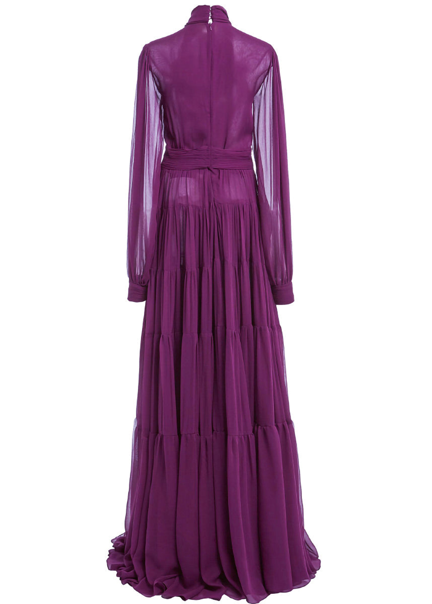 Boho Purple Bow Wrinkled Hollow Out Chiffon Ankle Dress Fall QR041 OM-ZS240929
