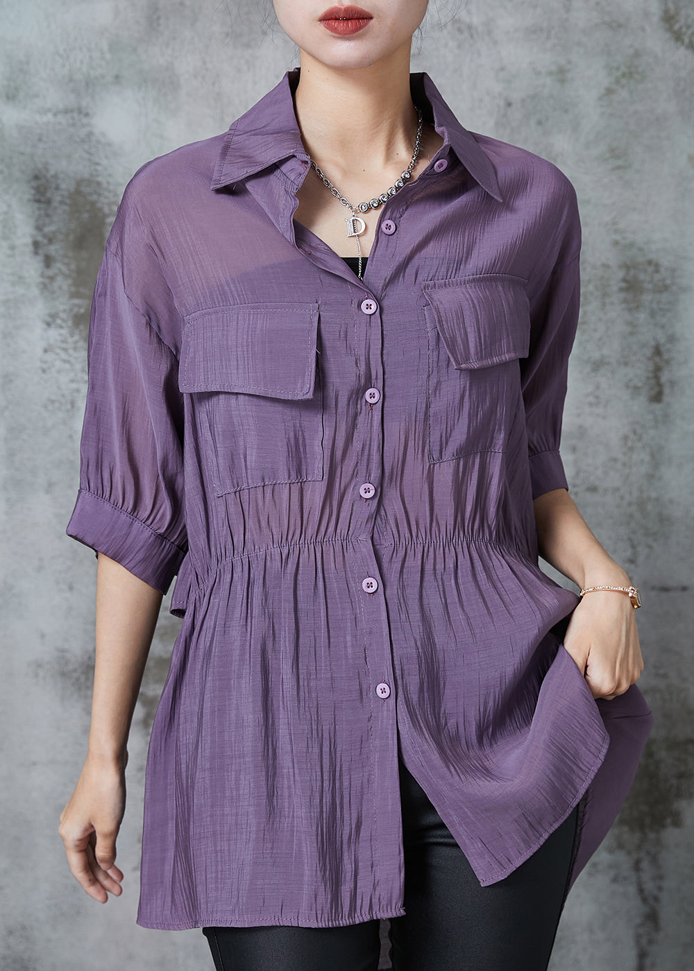 Boho Purple Cinched Pockets Cotton Blouse Tops Summer AL1023 Genistyle Shop