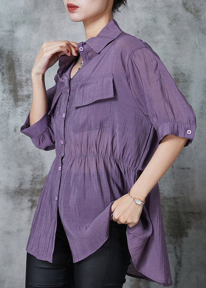 Boho Purple Cinched Pockets Cotton Blouse Tops Summer AL1023 Genistyle Shop