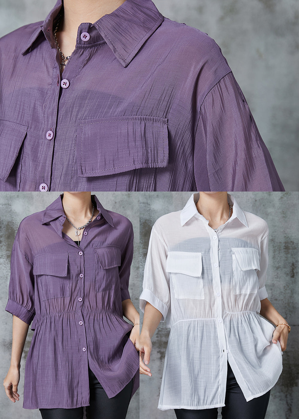 Boho Purple Cinched Pockets Cotton Blouse Tops Summer AL1023 Genistyle Shop