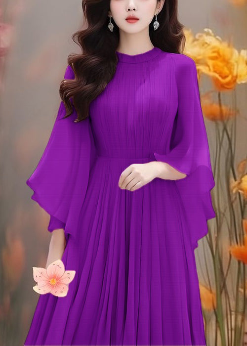 Boho Purple Solid Wrinkled Chiffon Dresses Butterfly Sleeve AA1022 Ada Fashion