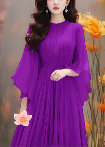 Boho Purple Solid Wrinkled Chiffon Dresses Butterfly Sleeve AA1022 Ada Fashion