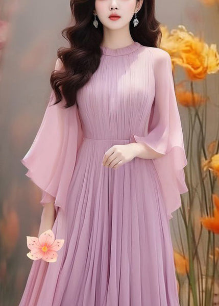 Boho Purple Solid Wrinkled Chiffon Dresses Butterfly Sleeve AA1022 Ada Fashion
