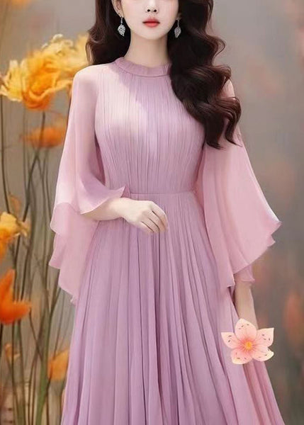 Boho Purple Solid Wrinkled Chiffon Dresses Butterfly Sleeve AA1022 Ada Fashion