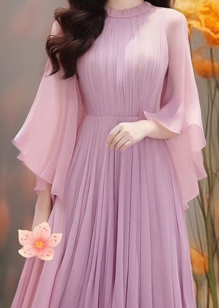 Boho Purple Solid Wrinkled Chiffon Dresses Butterfly Sleeve AA1022 Ada Fashion