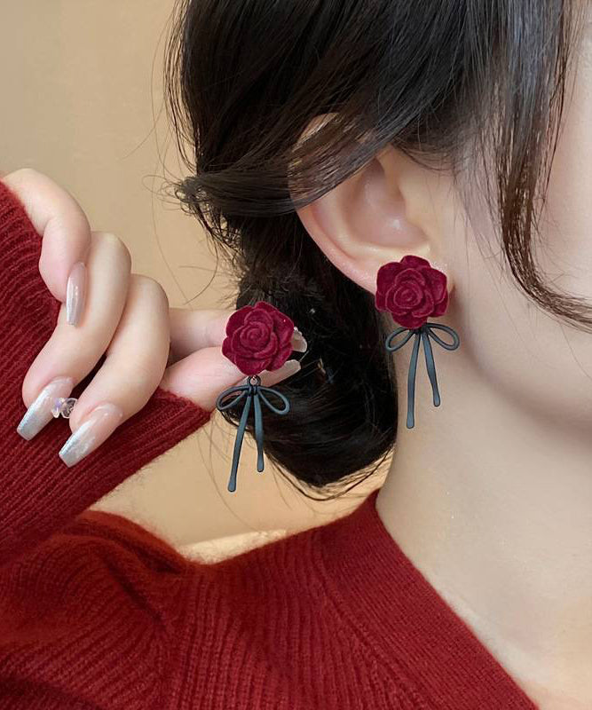 Boho Red Copper Alloy Rose Bow Flocking Stud Earrings YX022 ABC