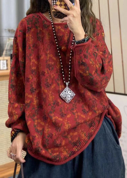 Boho Red O Neck Print Cotton Knit Loose Sweaters Top Spring TZ038