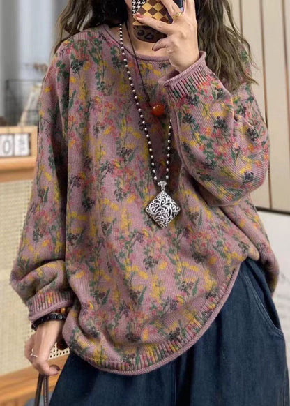 Boho Red O Neck Print Cotton Knit Loose Sweaters Top Spring TZ038