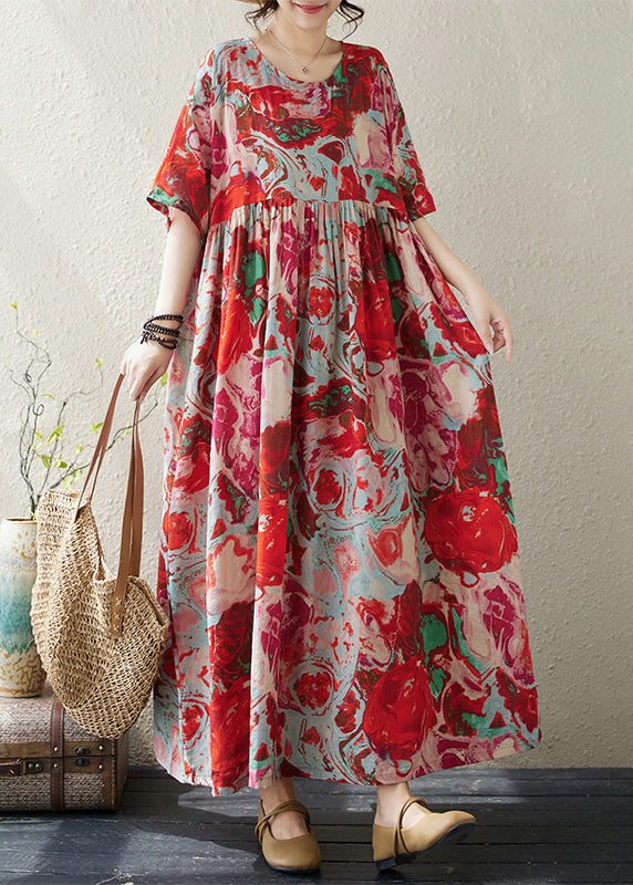 Boho Red O Neck Print Wrinkled Cotton Vacation Dresses Summer AP073 GK-SDL240718