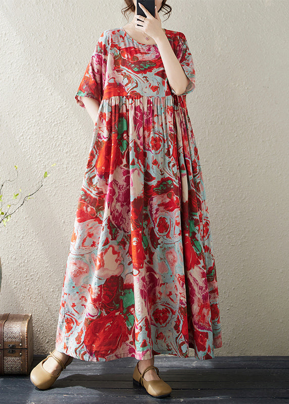 Boho Red O Neck Print Wrinkled Cotton Vacation Dresses Summer AP073 GK-SDL240718