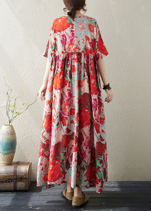 Boho Red O Neck Print Wrinkled Cotton Vacation Dresses Summer AP073 GK-SDL240718