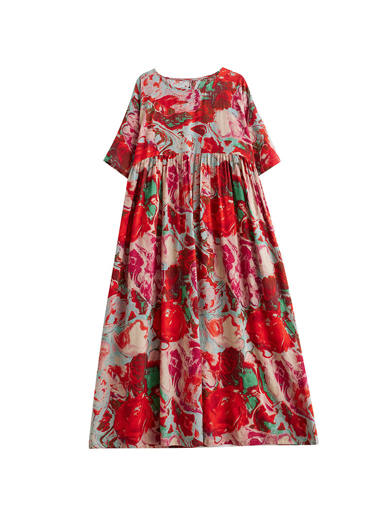 Boho Red O Neck Print Wrinkled Cotton Vacation Dresses Summer AP073 GK-SDL240718