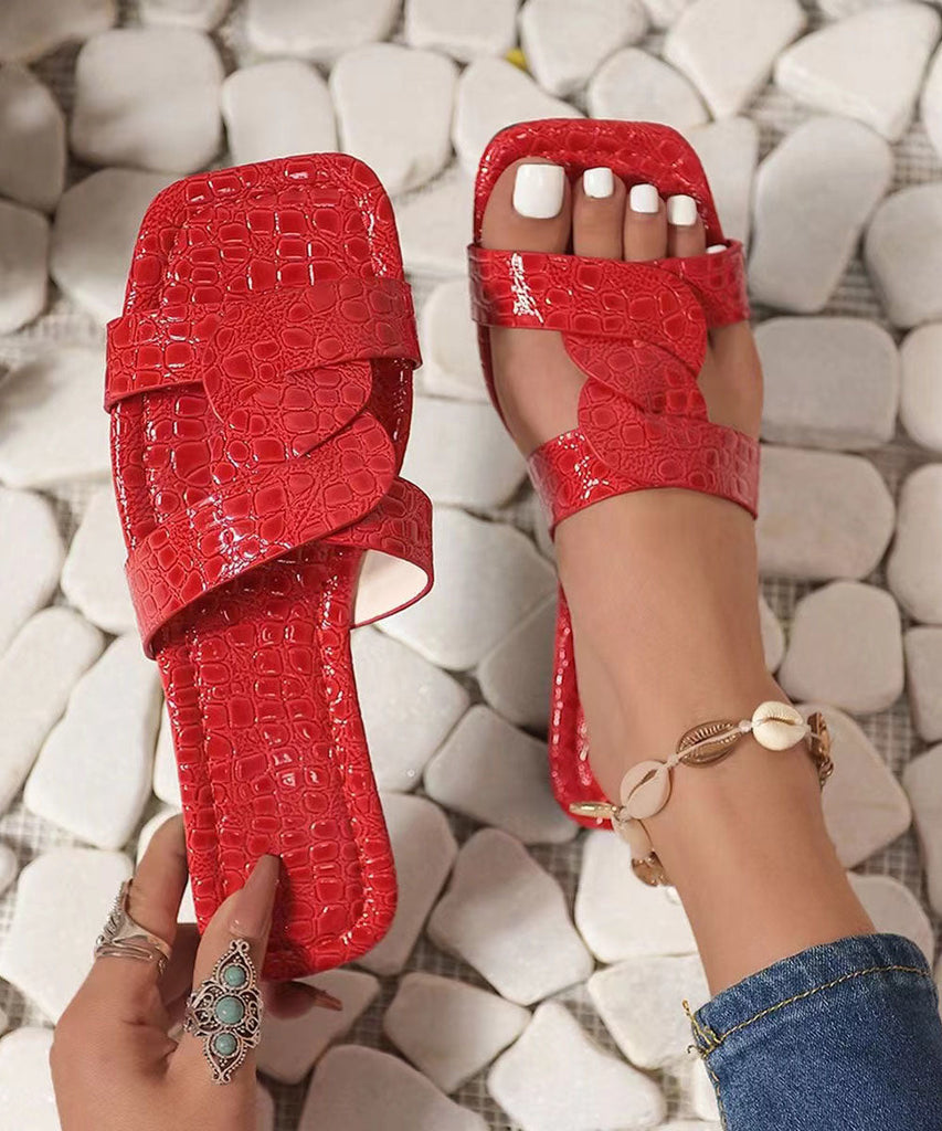 Boho Red Plus Size Faux Leather Slide Sandals Peep Toe DD1011 Shoe-LT240605