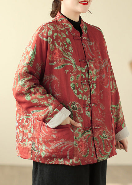Boho Red Print Chinese Button Fine Cotton Filled Parka Winter TM013 AB