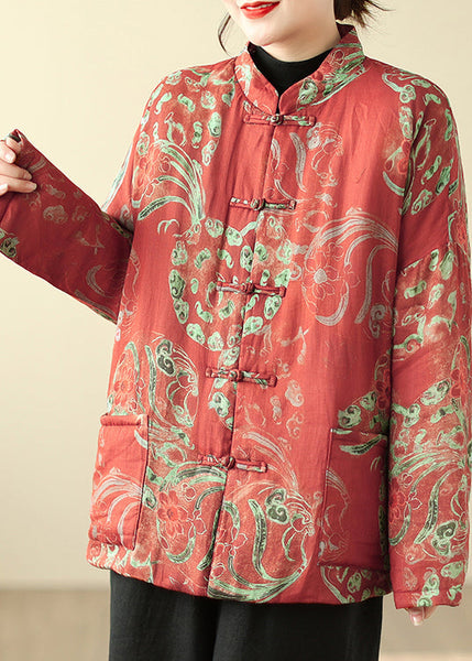 Boho Red Print Chinese Button Fine Cotton Filled Parka Winter TM013 AB