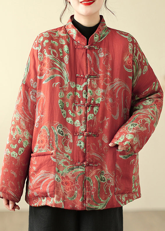 Boho Red Print Chinese Button Fine Cotton Filled Parka Winter TM013 AB