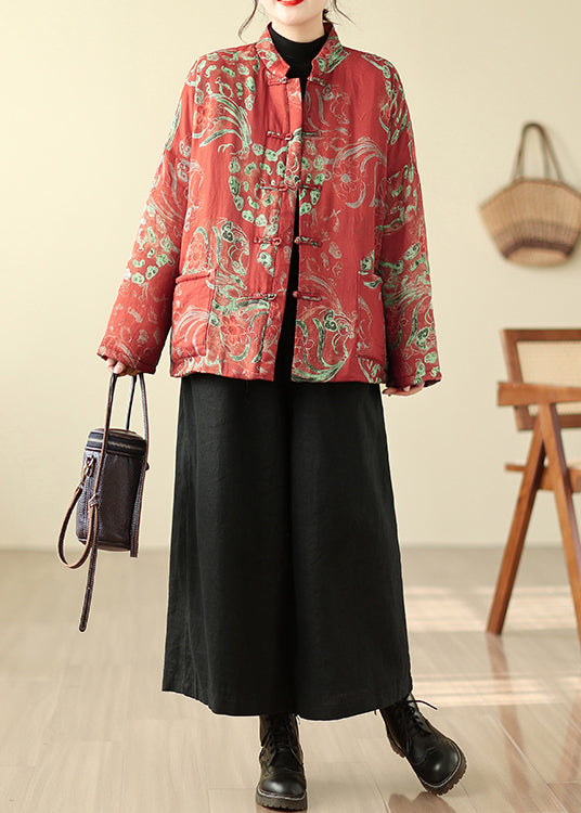 Boho Red Print Chinese Button Fine Cotton Filled Parka Winter TM013 AB