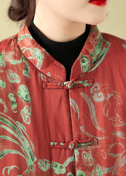 Boho Red Print Chinese Button Fine Cotton Filled Parka Winter TM013 AB