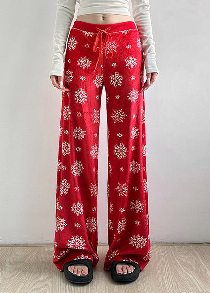 Fall Straight Tie Pants Boho Print Red Waist Silk Velvet FashionChic