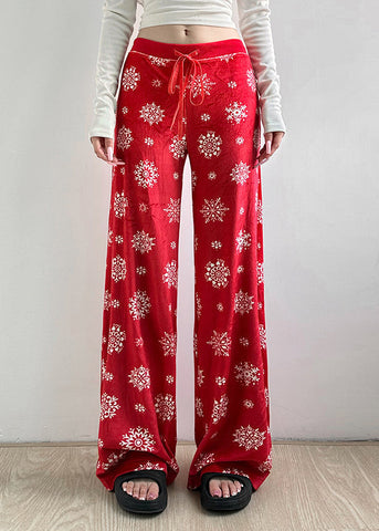 Fall Straight Tie Pants Boho Print Red Waist Silk Velvet FashionChic