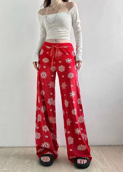 Fall Straight Tie Pants Boho Print Red Waist Silk Velvet FashionChic