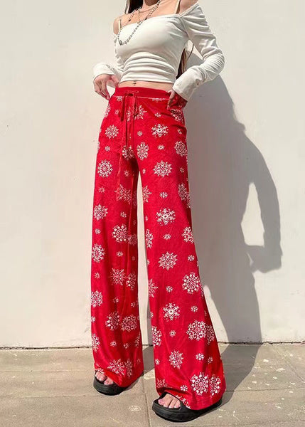 Fall Straight Tie Pants Boho Print Red Waist Silk Velvet FashionChic