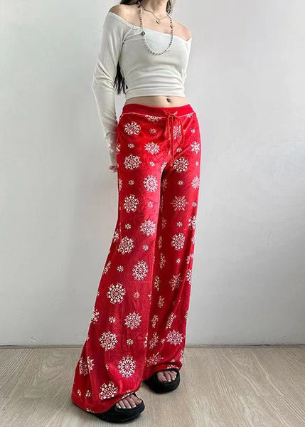 Fall Straight Tie Pants Boho Print Red Waist Silk Velvet FashionChic