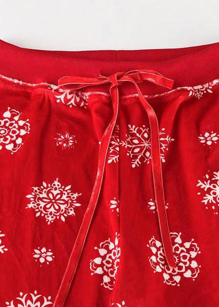 Fall Straight Tie Pants Boho Print Red Waist Silk Velvet FashionChic