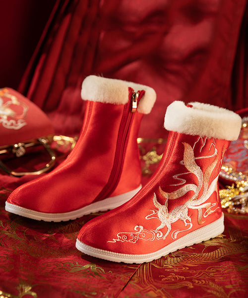 Boho Red Satin Embroidery Splicing Boots Fuzzy Wool Lined TQ052 ABC