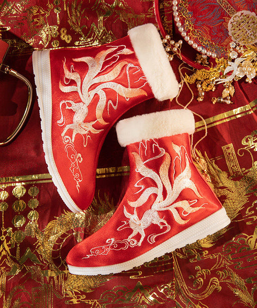 Boho Red Satin Embroidery Splicing Boots Fuzzy Wool Lined TQ052 ABC