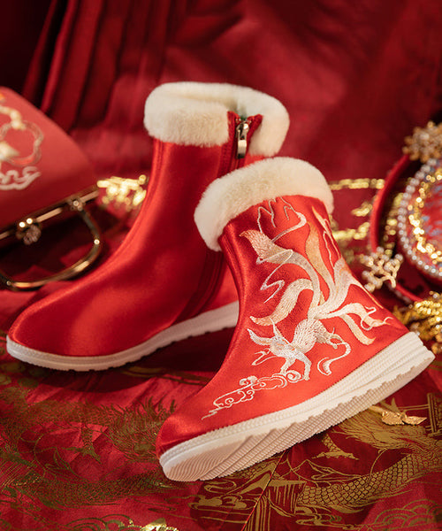 Boho Red Satin Embroidery Splicing Boots Fuzzy Wool Lined TQ052 ABC
