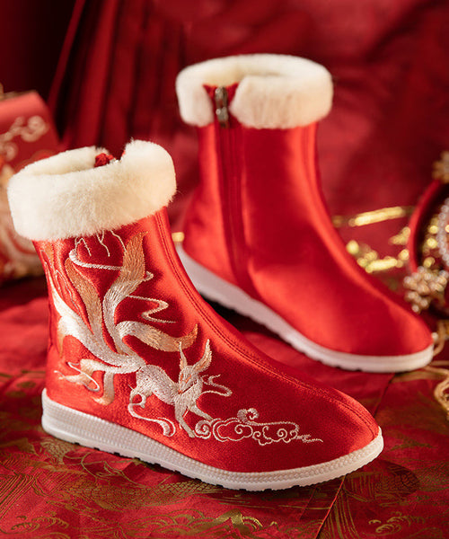 Boho Red Satin Embroidery Splicing Boots Fuzzy Wool Lined TQ052 ABC