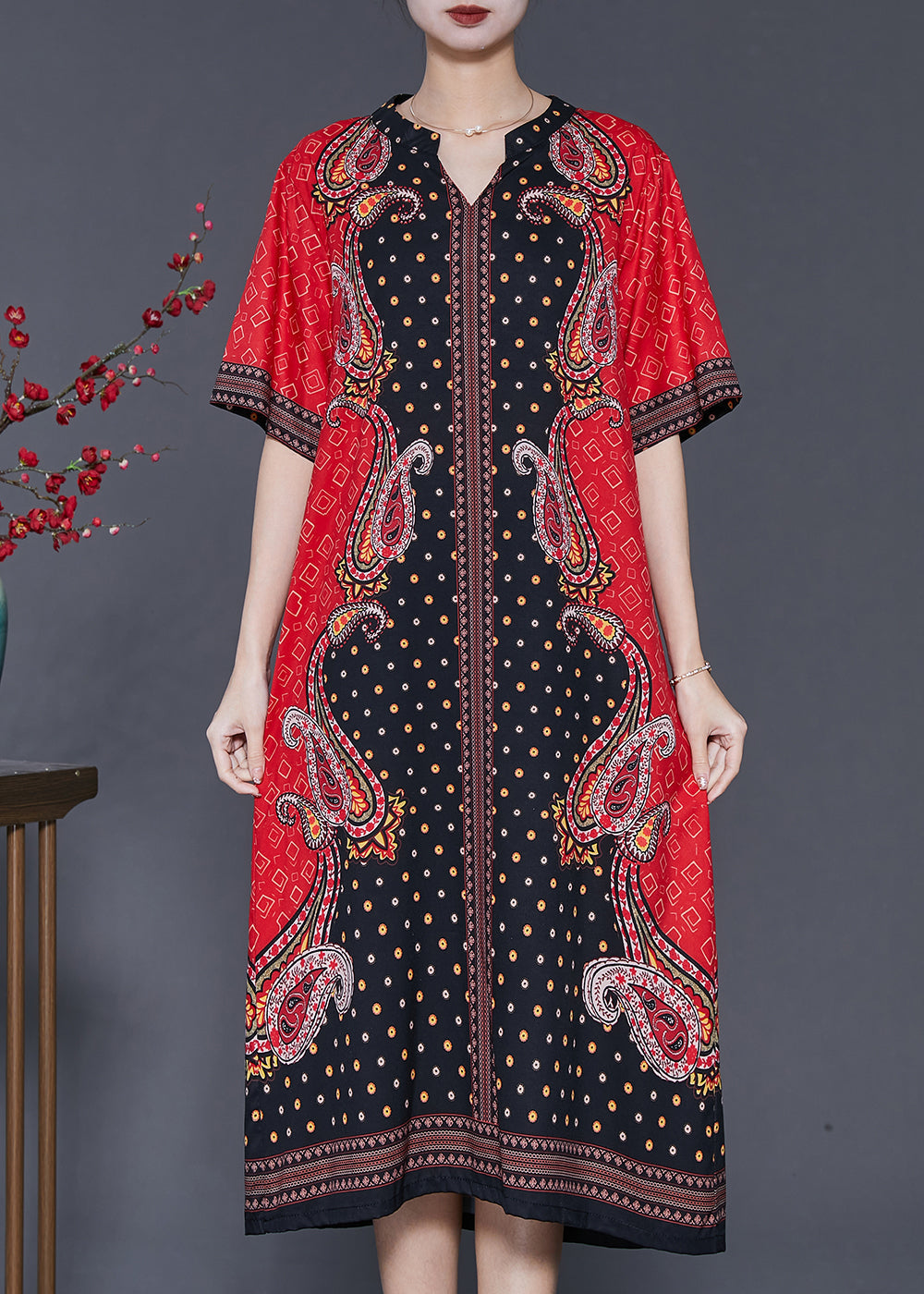 Boho Red V Neck Print Chiffon Holiday Dresses Summer SD1063 Ada Fashion
