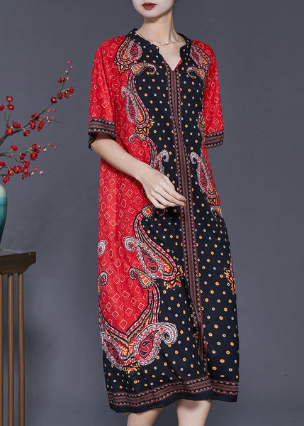 Boho Red V Neck Print Chiffon Holiday Dresses Summer SD1063 Ada Fashion