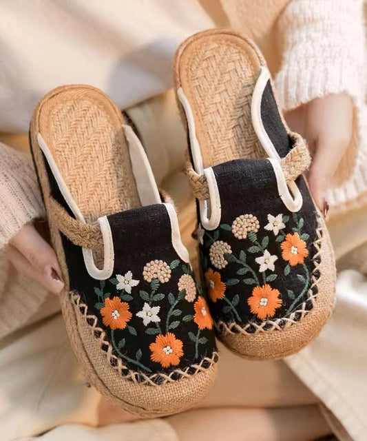 Boho Retro Black Linen Fabric Embroidery Slide Sandals XC1059 Ada Fashion