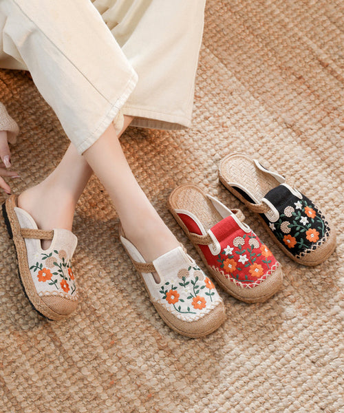 Boho Retro Black Linen Fabric Embroidery Slide Sandals XC1059 Ada Fashion