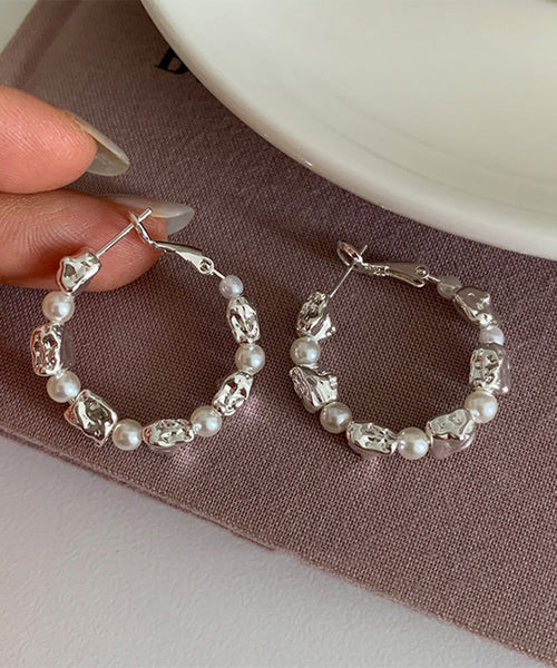 Boho Silver Silk Pearl Sterling Hoop Alloy Earrings FashionChic