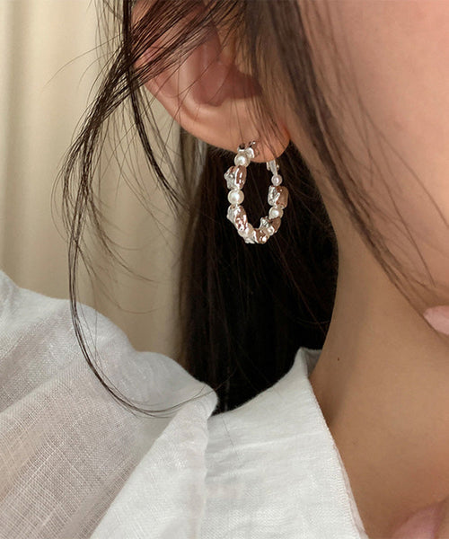 Boho Silver Silk Pearl Sterling Hoop Alloy Earrings FashionChic