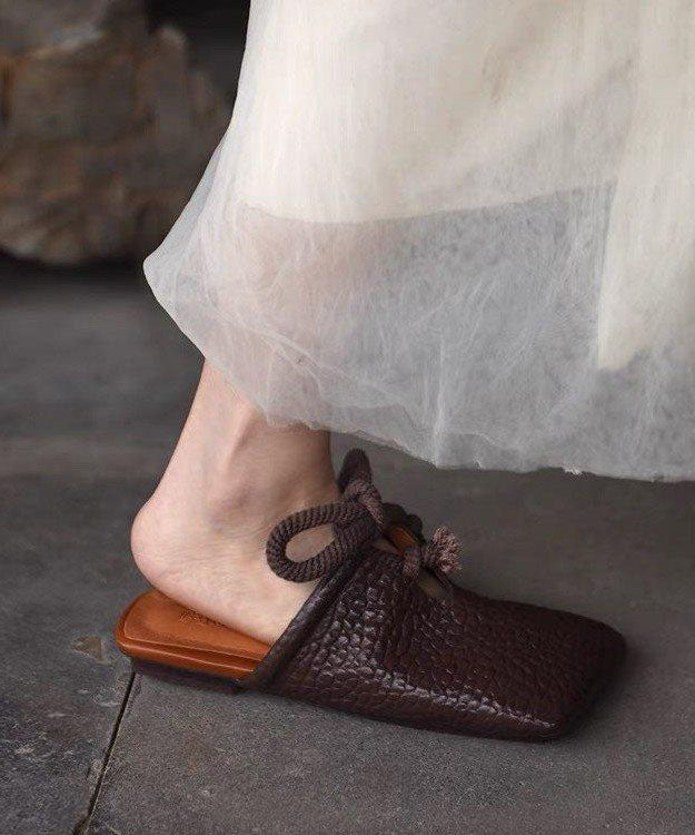 Splicing Slide Up Sandals Lace Leather Faux Brown Boho FashionChic