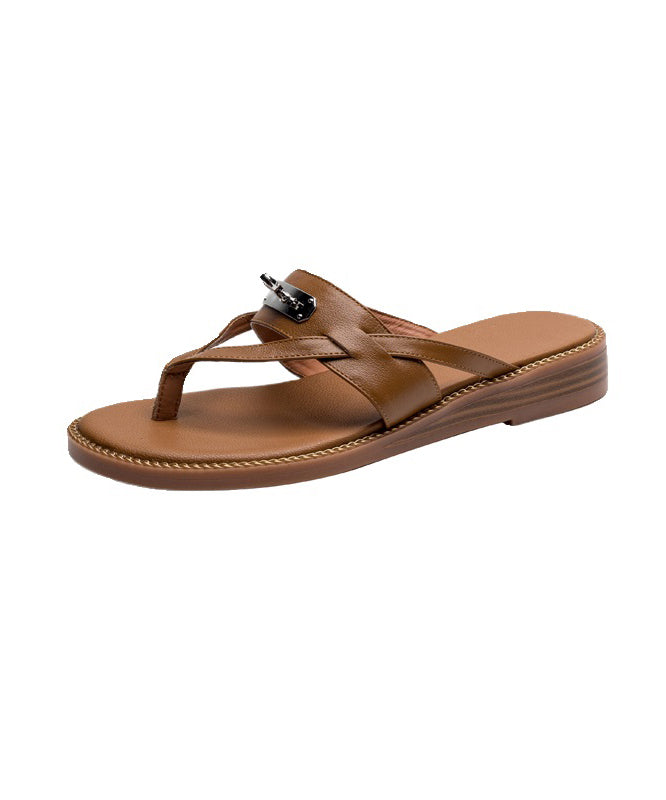 Boho Splicing Flip Flops Slide Sandals Brown Faux Leather AA023 shoe-CS240815