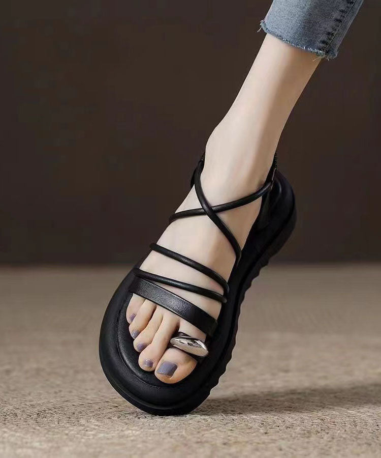 Boho Splicing Platform Sandals Black Cowhide Leather Peep Toe JJ059 Shoe-LX240609