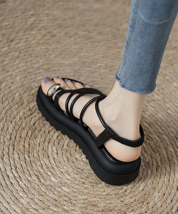 Boho Splicing Platform Sandals Black Cowhide Leather Peep Toe JJ059 Shoe-LX240609