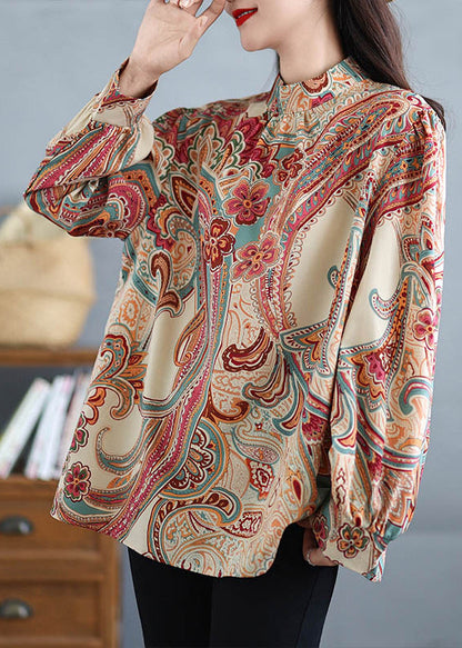 Boho Stand Collar Print Plus Size Cotton Shirt Tops Fall QO076 OM-ZS241008