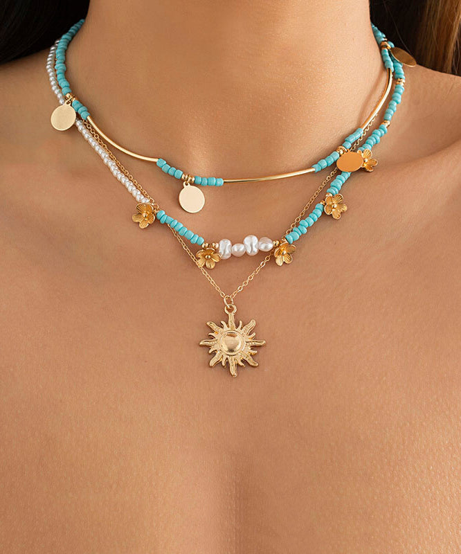 Boho Sterling Silver Alloy Beads Floral Planchet Three Piece Se Pendant Necklace RA027 ABC